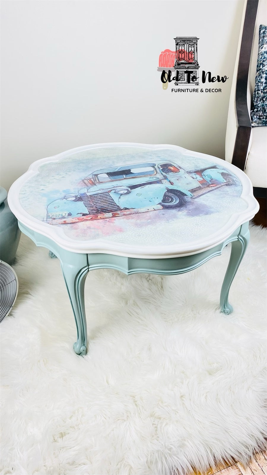 Round French Provincial Center Table, painted white top and mint green sides, classic old car decoupage print on top.