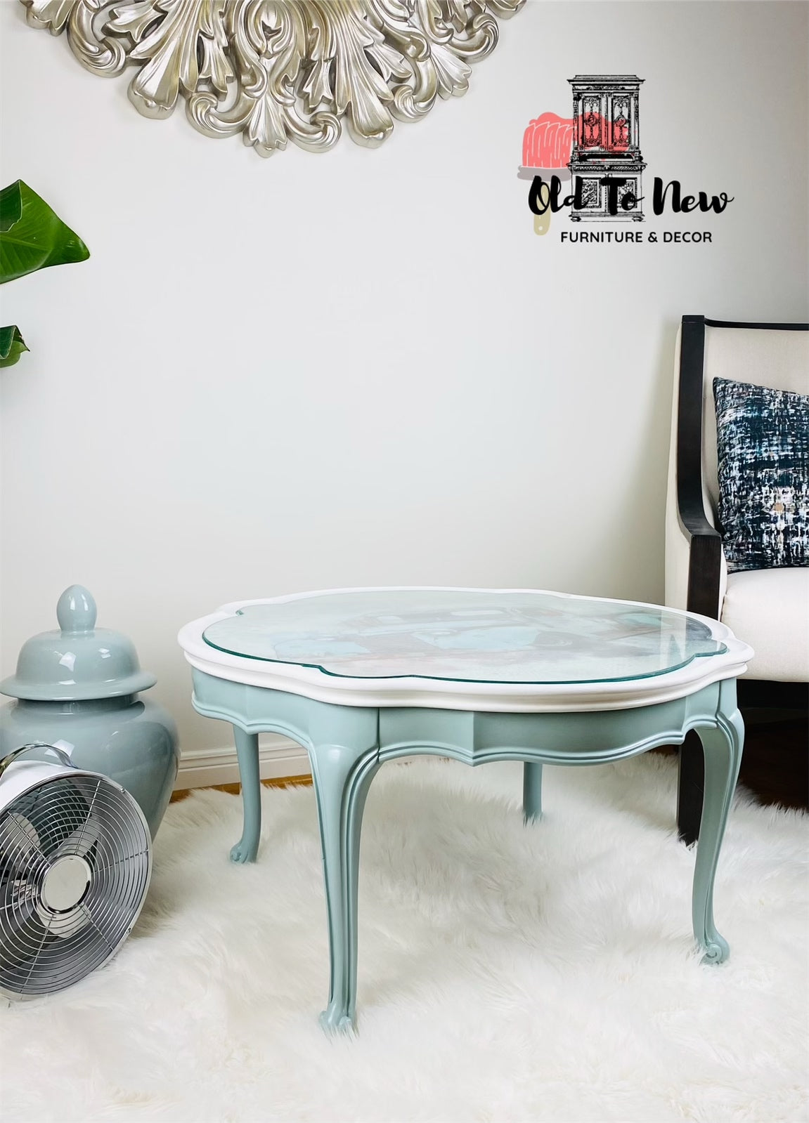 Round French Provincial Center Table, painted white top and mint green sides, classic old car decoupage print on top, protective glass top included