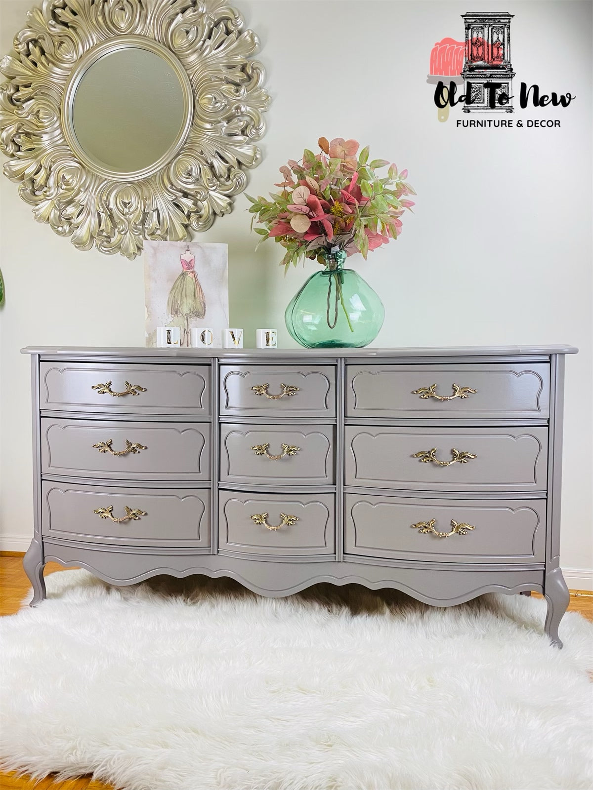 Grey 9 drawer French Provincial Long Dresser, painted with Hazelwood from Fusion Mineral Paint