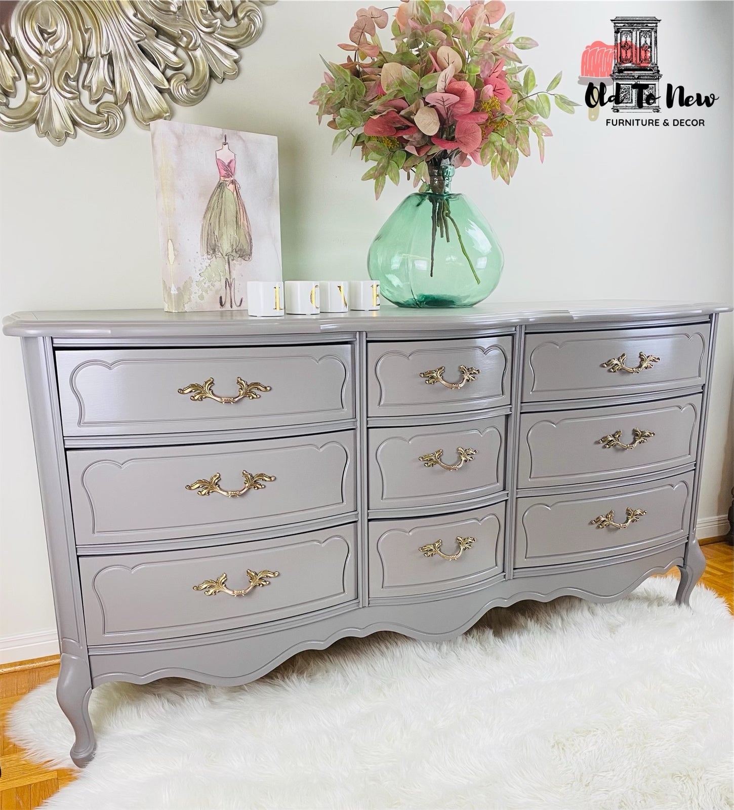 9 drawer French Provincial  Dresser Painted Grey; Fusion Mineral Paint Hazelwood Color