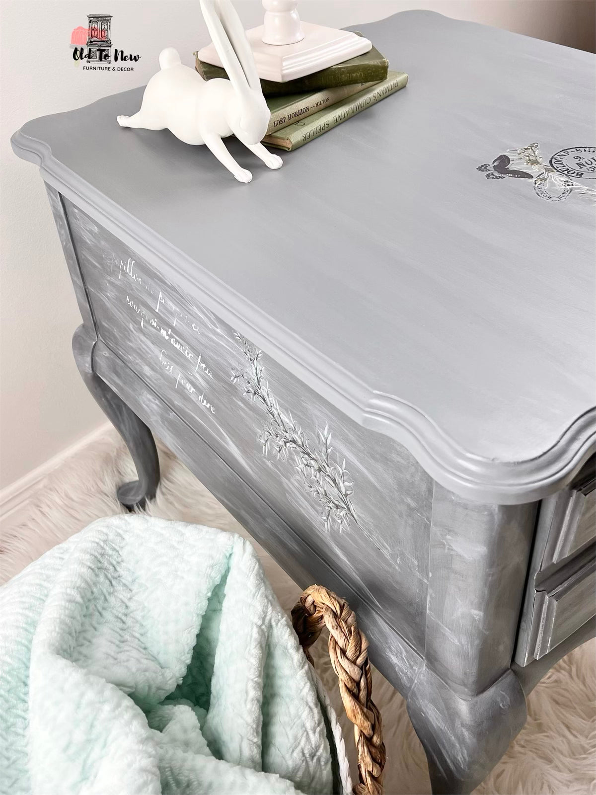 Grey Antique French Provincial End Table with Marbelled Effect and Hokus Pokus Decor Transfer