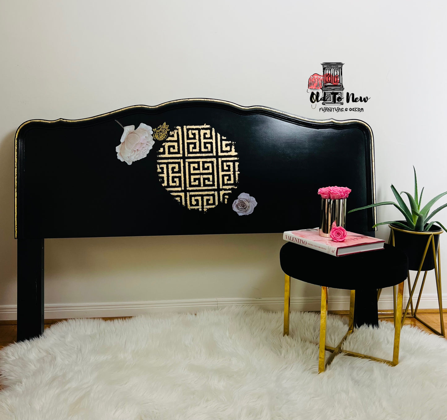 Modern Black and Gold Painted Designer Headboard ; Old to New Furniture & Decor