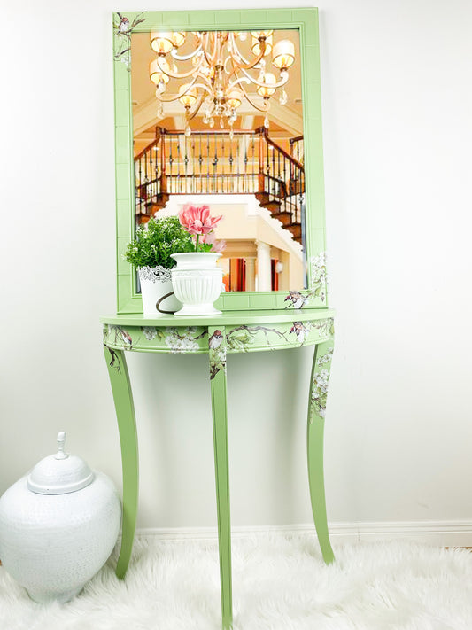 Beautiful Refinished Entryway Table and Mirror Painted Light Green.