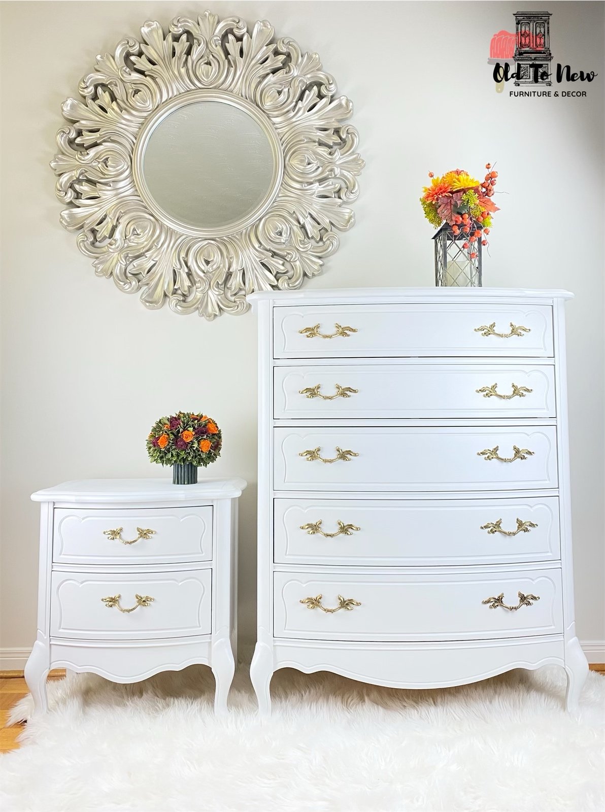 French Provincial End Table, Night Stand and French Provincial Armoire Tall Dresser Painted With Victorian Lace from Fusion Mineral Paint