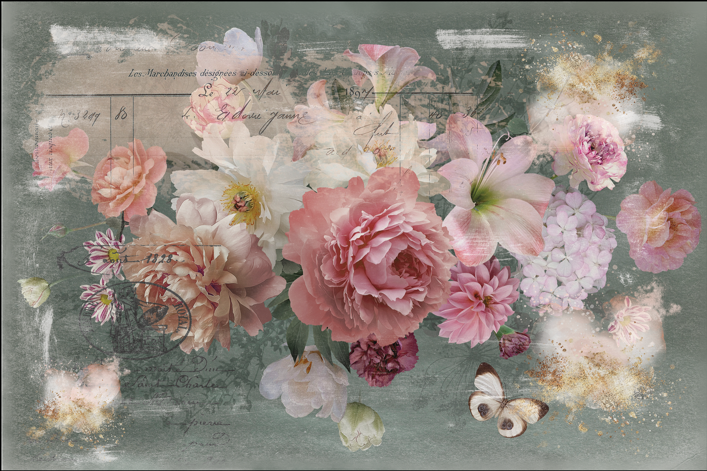 Hokus Pokus; Blush Decor - Weave Decoupage; floral decoupage, pinks, beige & off white floral composition.