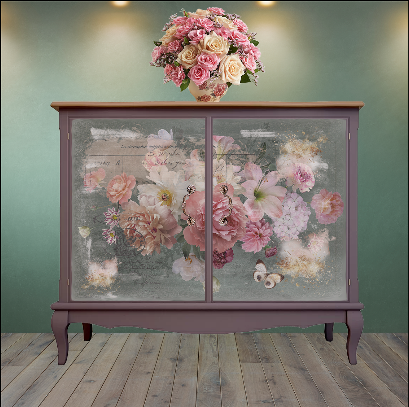 Hokus Pokus; Blush Decor - Weave Decoupage; floral decoupage, pinks, beige & off white floral composition.