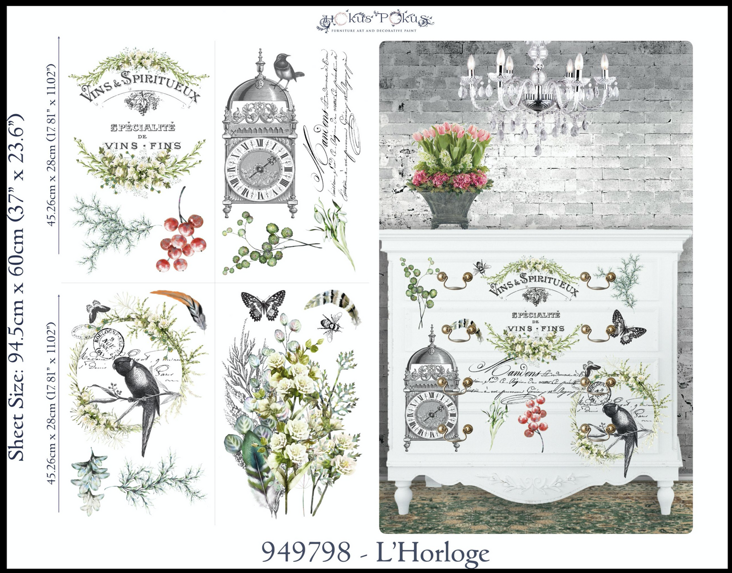 Green, White, Black and Grey Colored Furniture Image Transfer; with parrot bird, grandfather clock, and floral bouquet