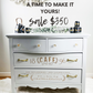 SALE $350; Fabulous Antique Sideboard Painted Light Grey With Gold Scrip Details