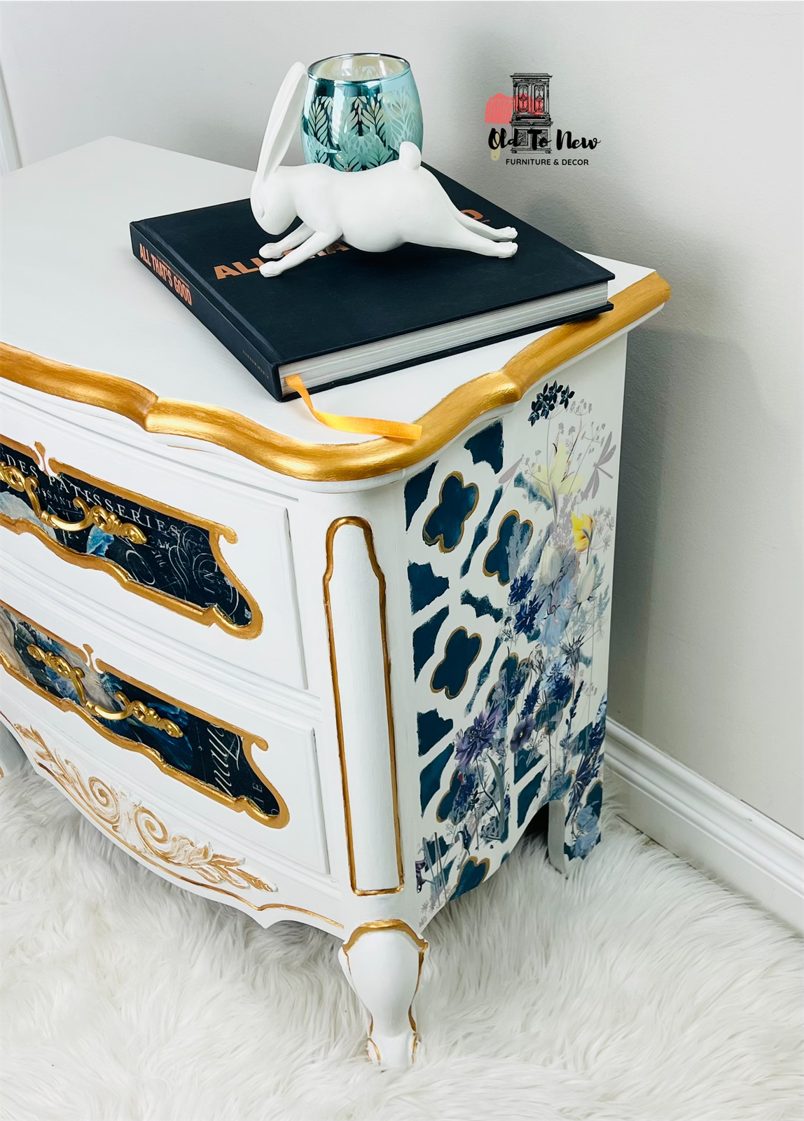 Eclectic French country decor, modern elegance furnishing. White, blue, gold end table  at oldtonewfurniture.ca