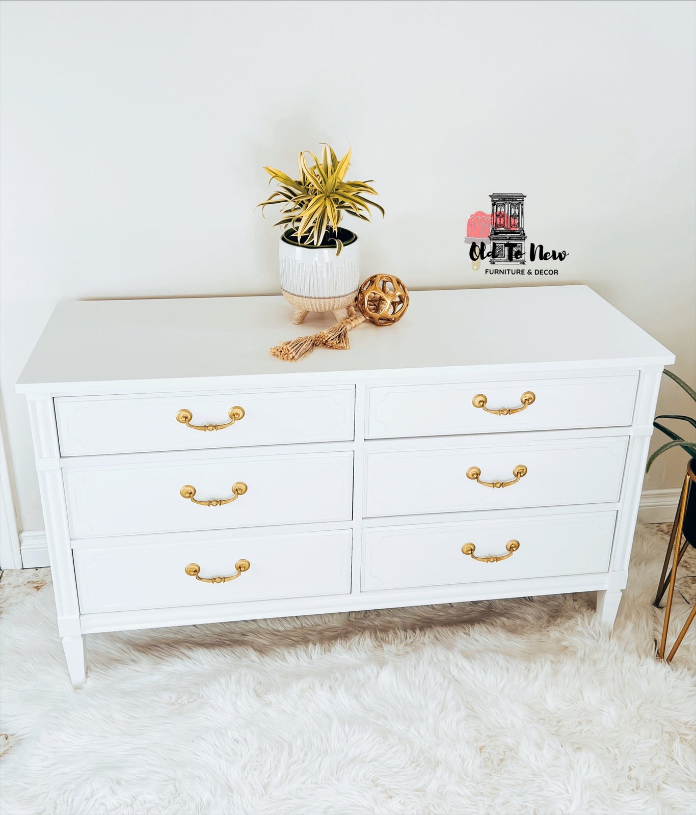 White & Gold Modern Dresser, Victorian Lace | Old to New Furniture & Decor