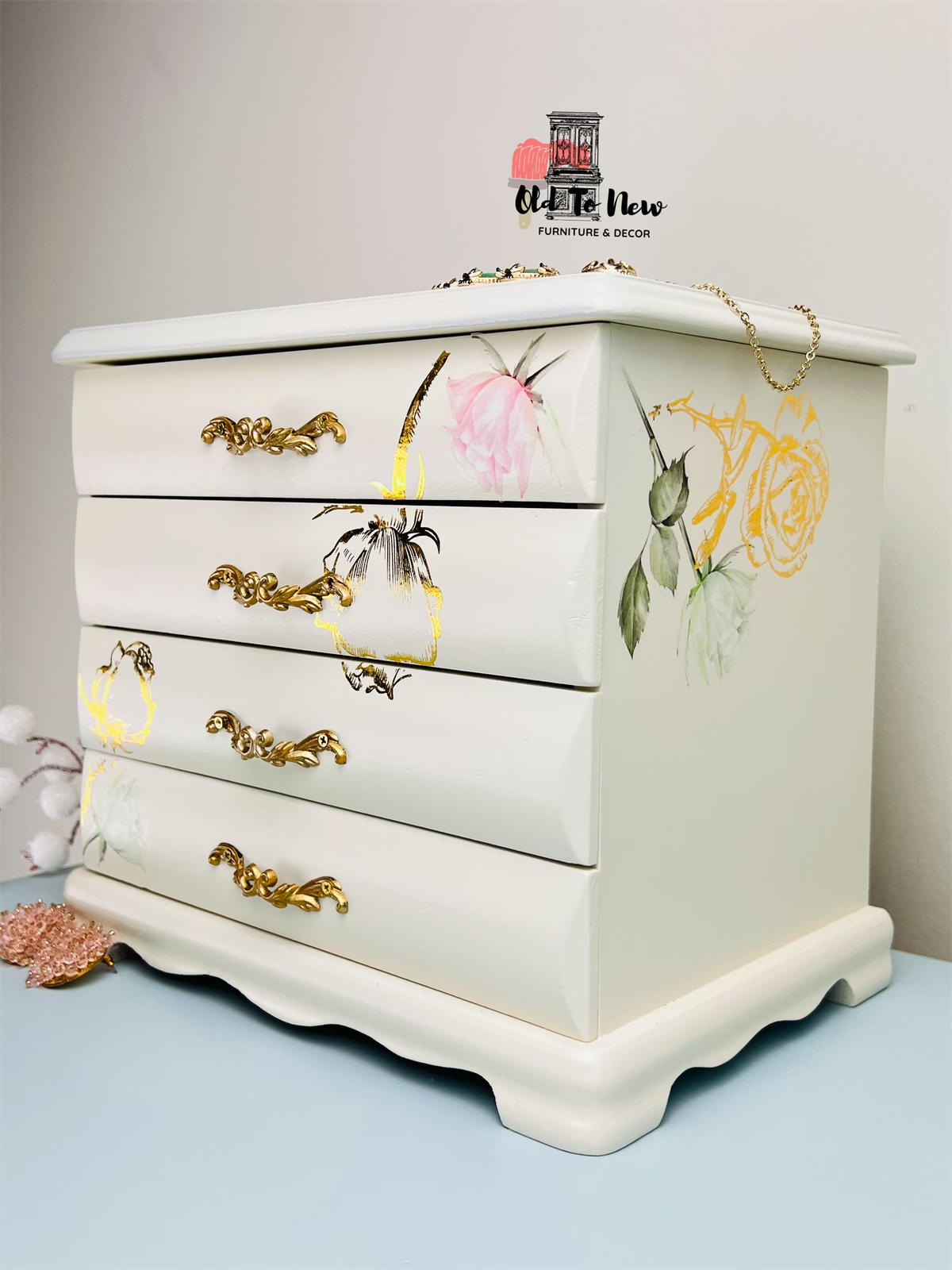 Vintage Jewelry Box Painted with Flower  Designs Applied