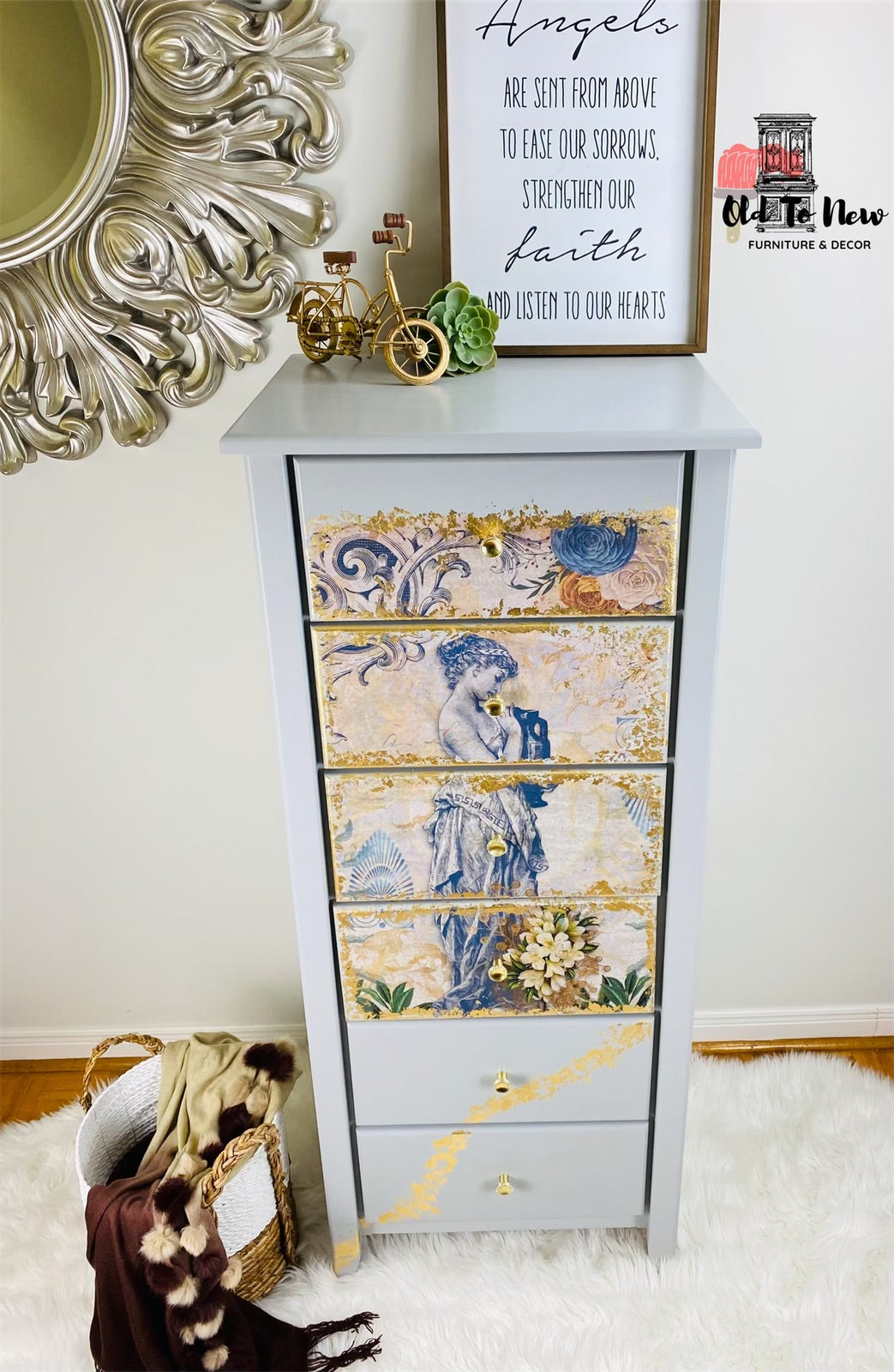 Spectacular 6 Drawer Lingerie Dresser Decoupaged and Painted Grey with Fusion Mineral Paint and Gold Leafed