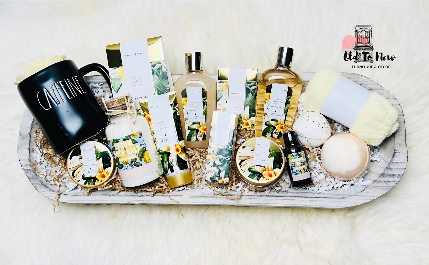 Deluxe Vanilla Spa Gift pack with pampering spa treats body wash, body scrub, body cream, bubble bath, massage oil, bath bomb & more | Old to New Furniture & Deco | Mothers Day, Birthday, Housewarming, Christmas, Valentines Day