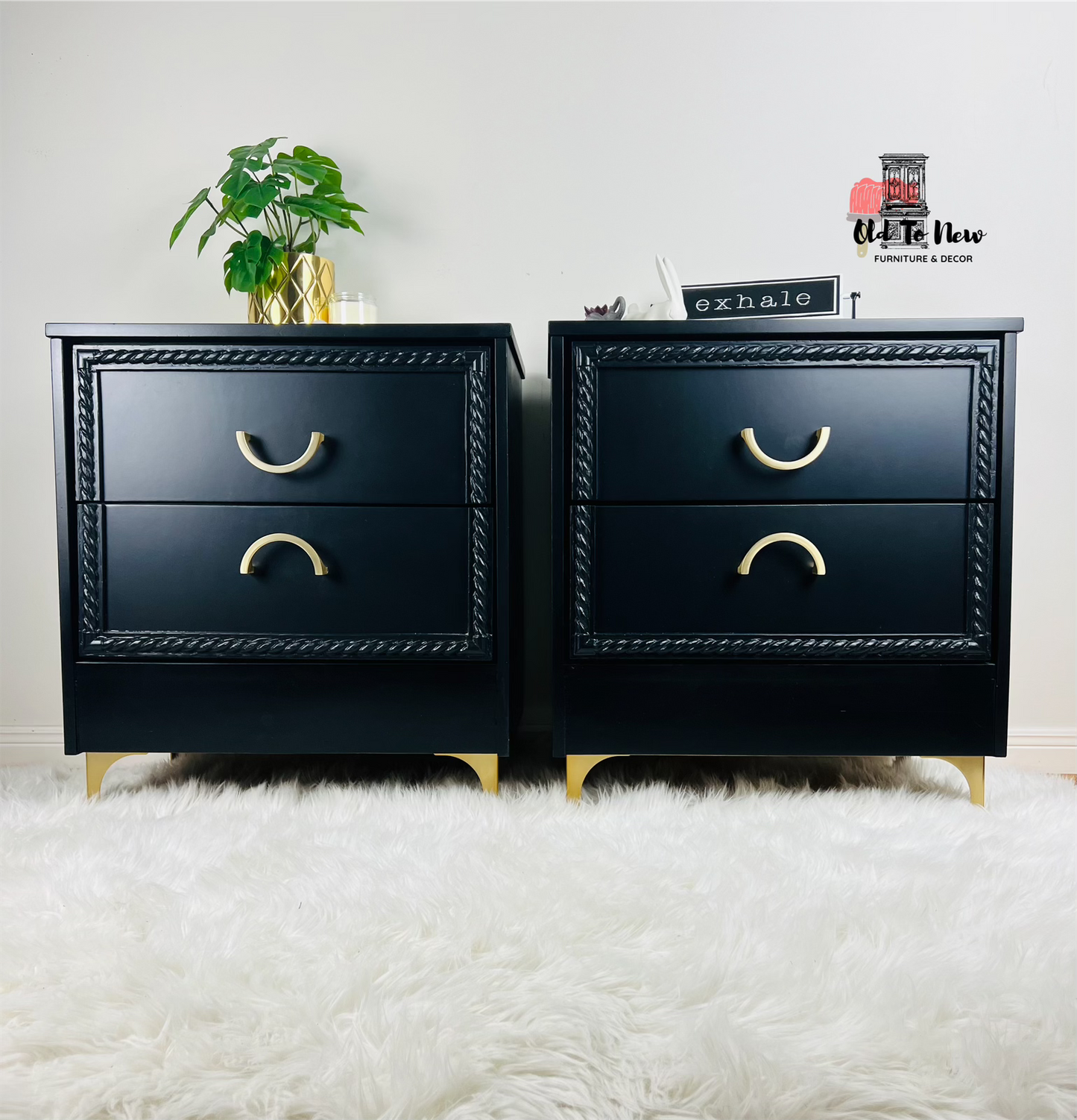 Modern Gold Legs 2-Drawer Storage Black Nightstand