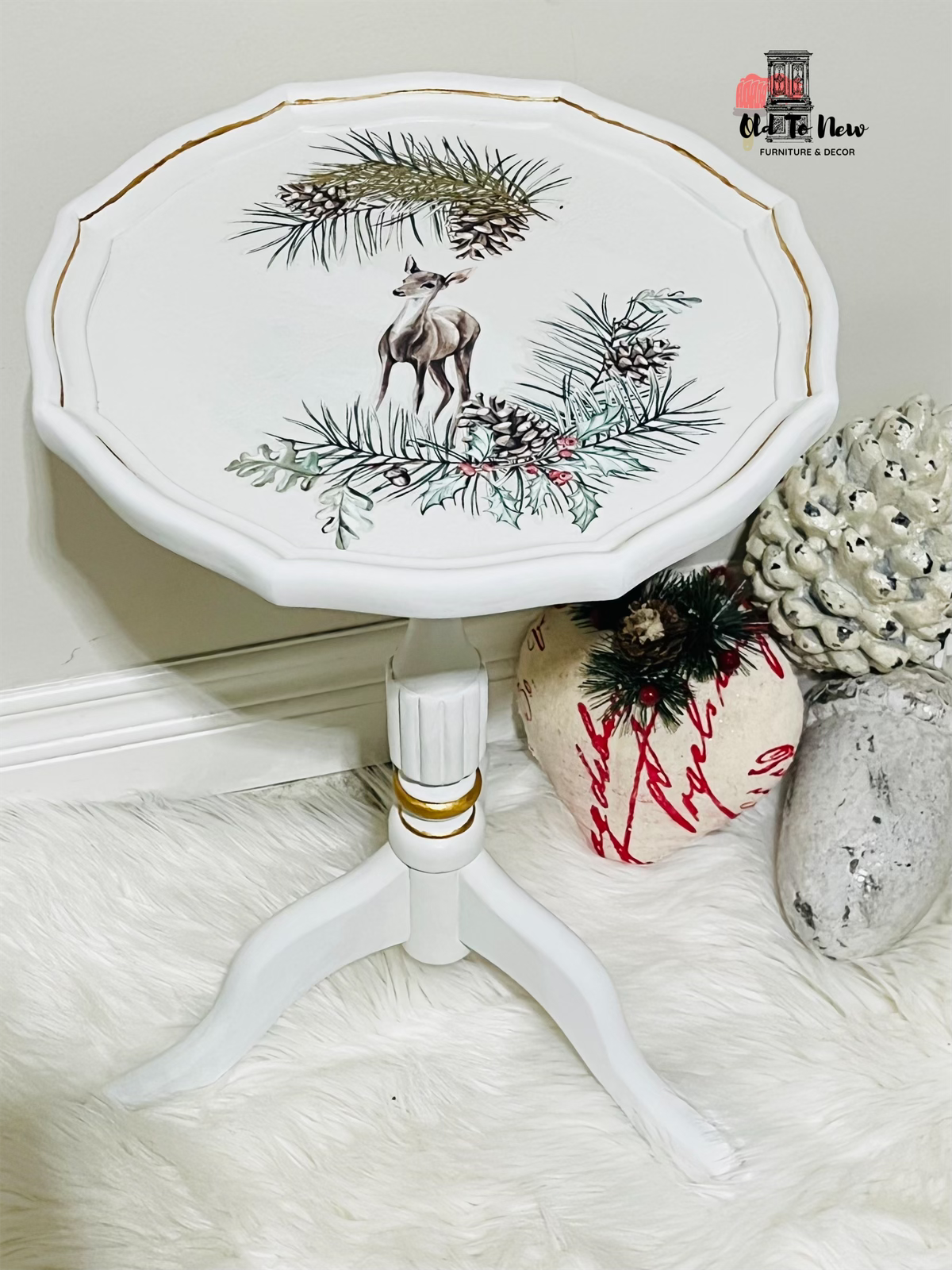 White and Gold Accent Table with Reindeer, Ever Green & Pine Cone "When Christmas Comes"  see it as Antique Furniture