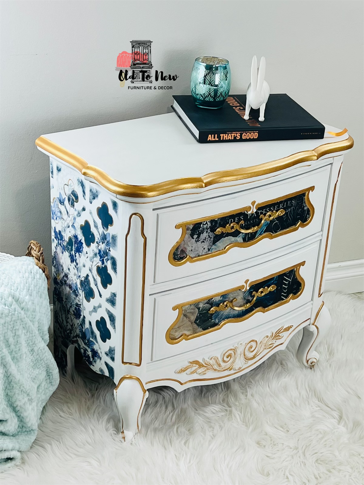White, Blue, Gold Stunning French Provincial Bedside Table by Toronto Furniture Designer Old To New Furniture & Decor