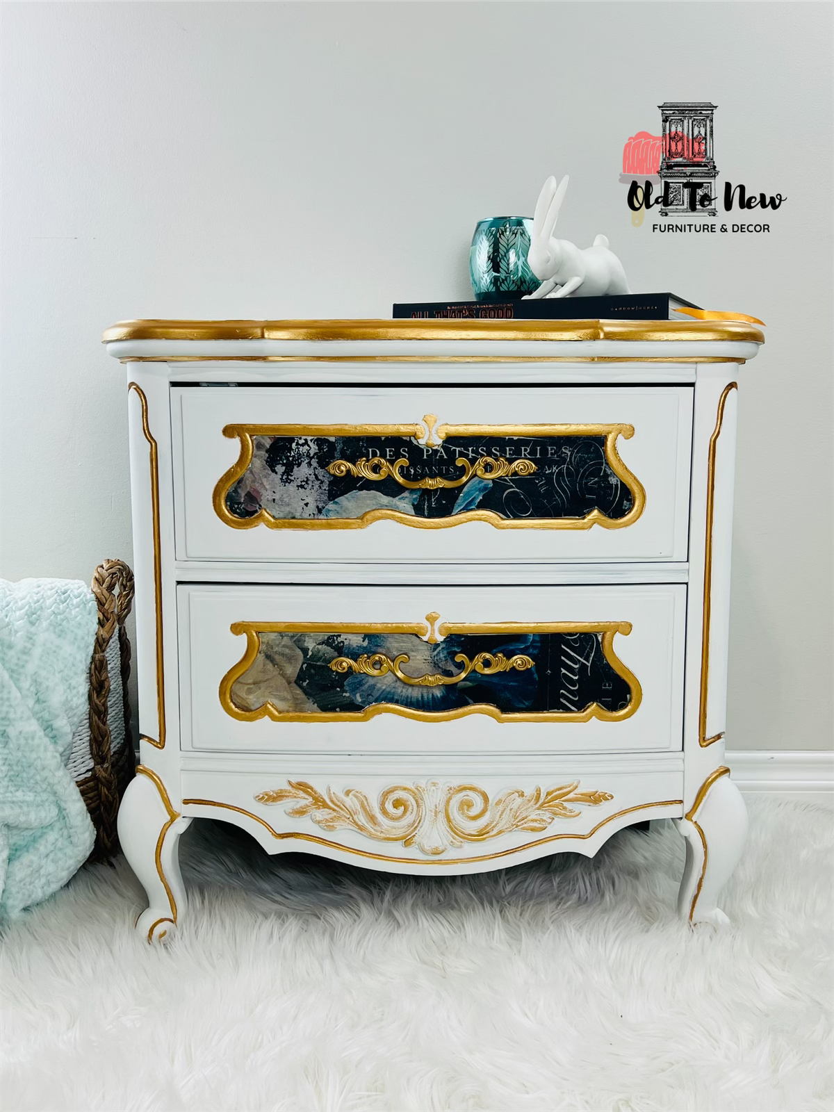 White French Provincial End Table with Blue and Gold Accents by Old To New Furniture