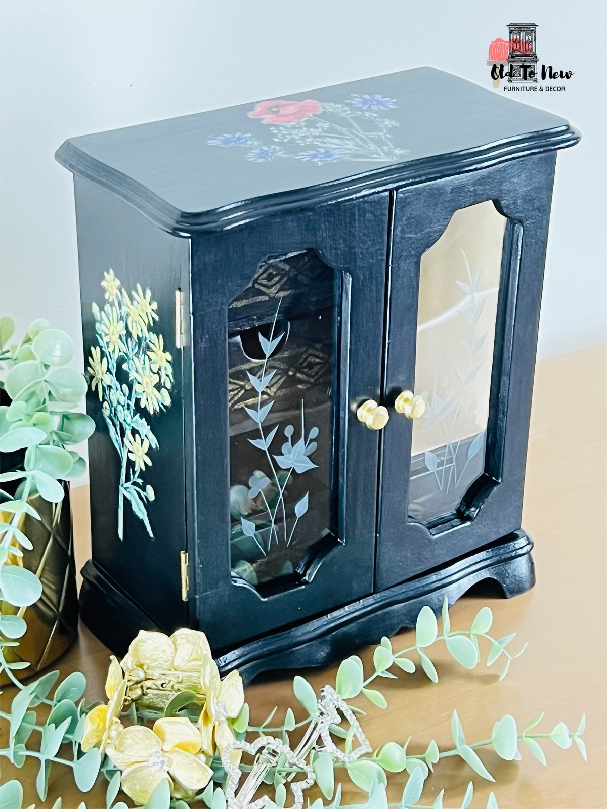 Black  Decorated Jewelry Box ; O(ld to New Furniture. Jewelry case for rings, earrings and necklace