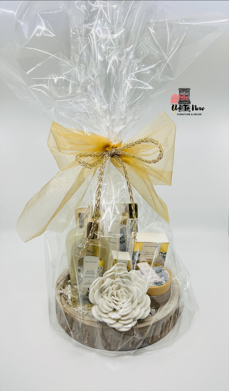 Jasmine Spa Gift Basket,  white and gold gift basket, Mothers Day Gift, Housewarming Gift, Birthday Gift, Old to New Furniture & Decor, A Gift for Her.