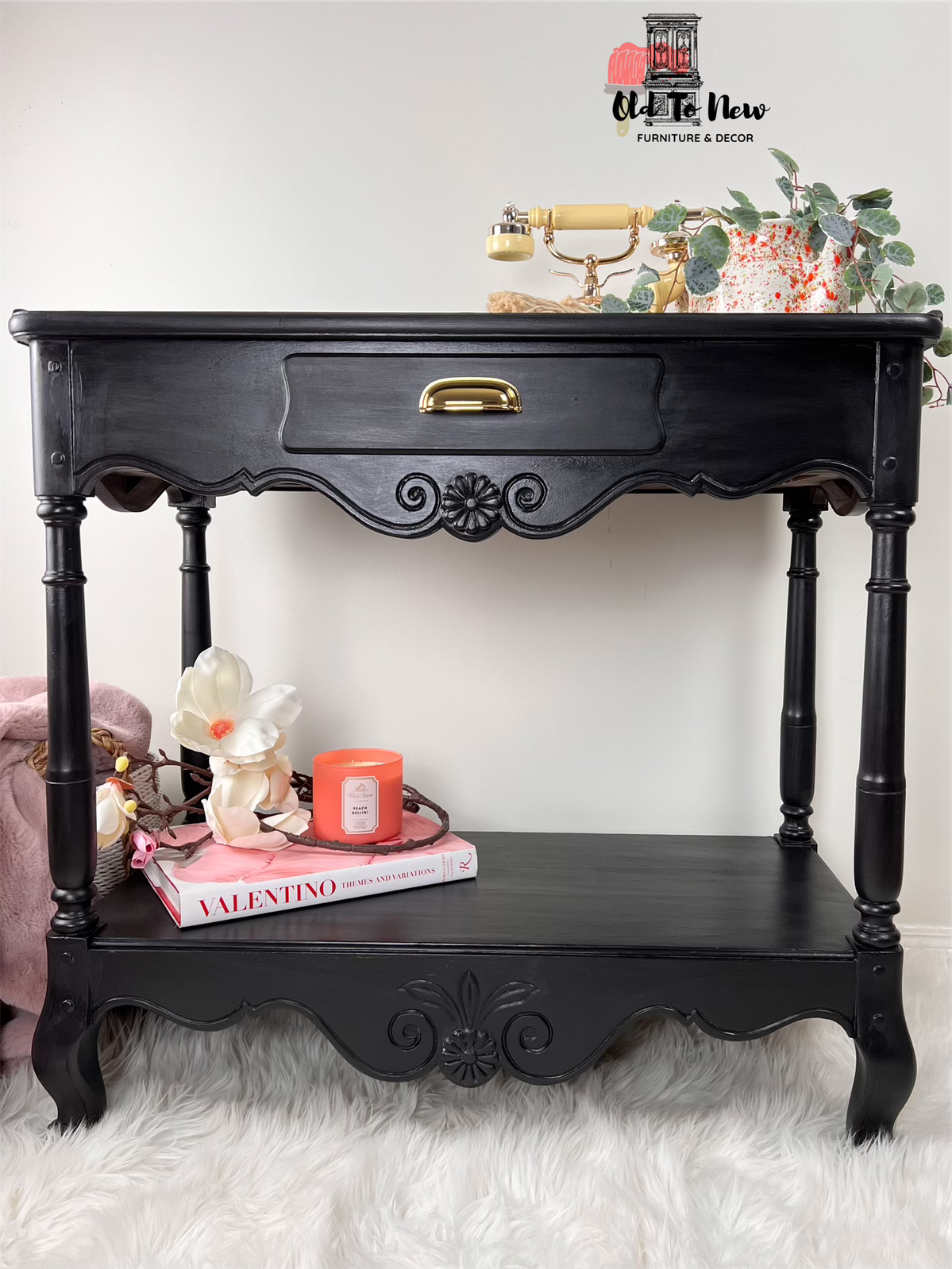 Black and Gold Console Table with Drawer for Entryway