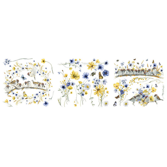 Hokus Pokus Petite Transfer - Garden Tweets – 3 Sheets; rub on transfer with birds, butterflies, yellow and blue flowers.