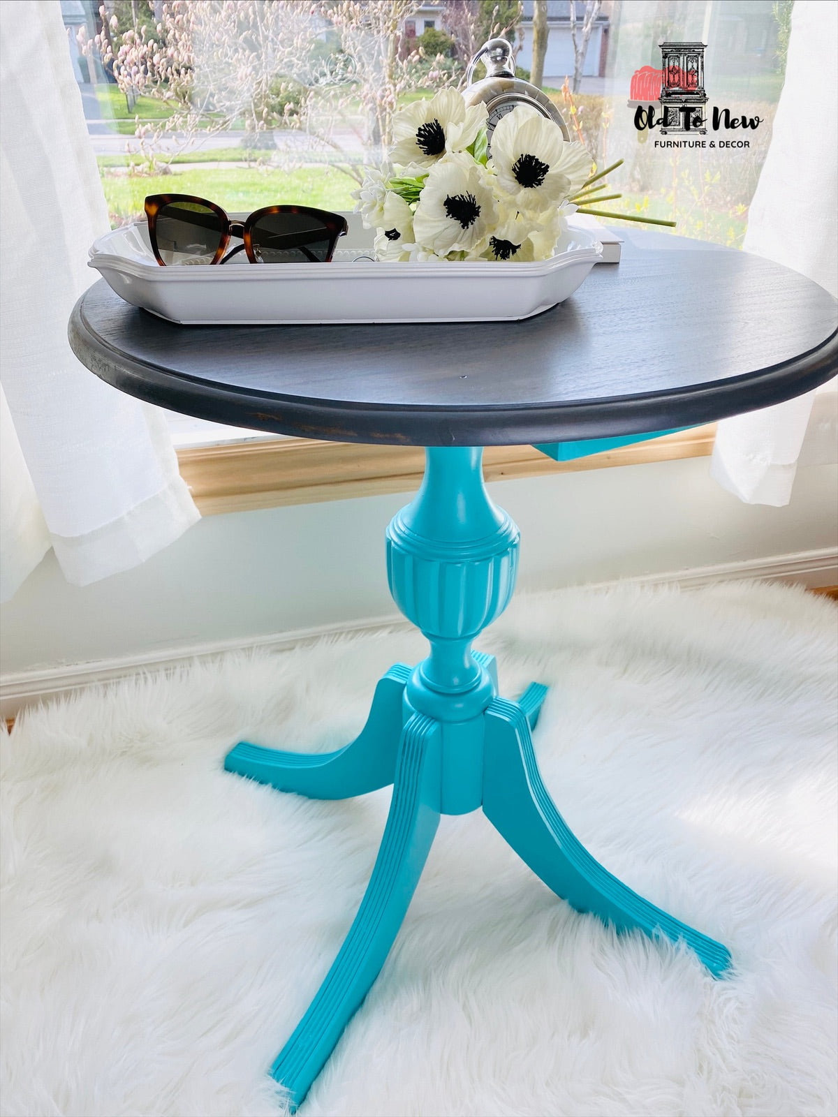Classy Aqua Blue Accent Table Refinished With Annie Sloan Chalk Paint and Stained Modern Farmhouse Grey.
