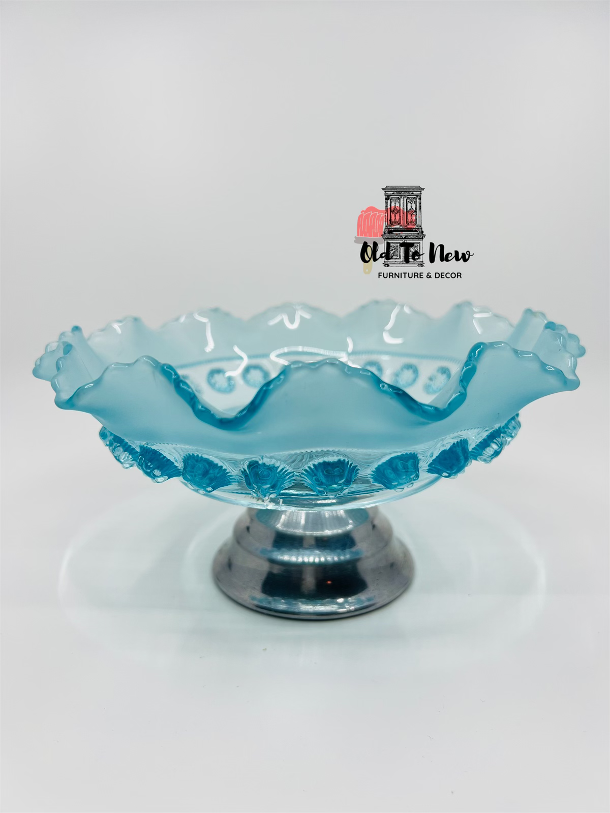 Turquoise Blue Vintage Glass Chrome Pedestal Dish