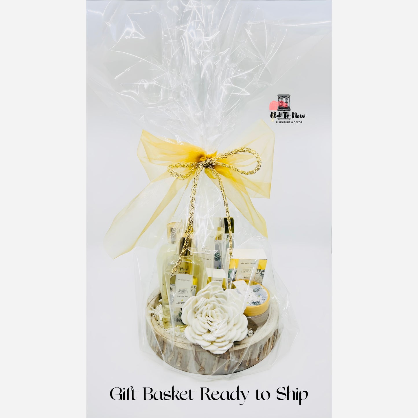 Jasmine Spa Gift Basket,  white and gold gift basket, Mothers Day Gift, Housewarming Gift, Birthday Gift, Old to New Furniture & Decor, A Gift for Her.