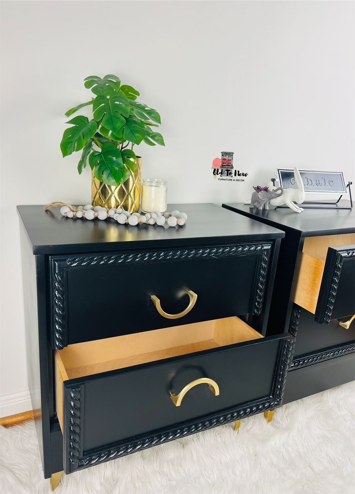 Modern Gold Legs 2-Drawer Storage Black Nightstand