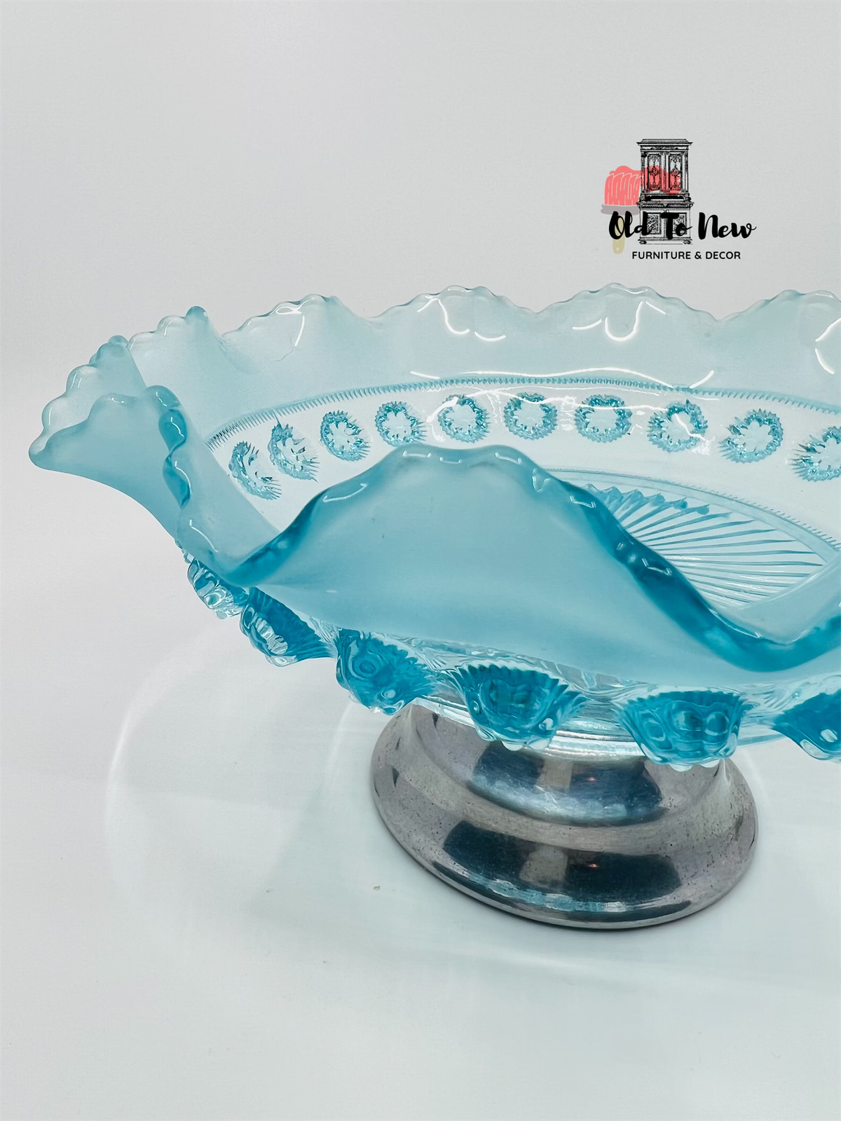 Turquoise Blue Vintage Glass Chrome Pedestal Dish