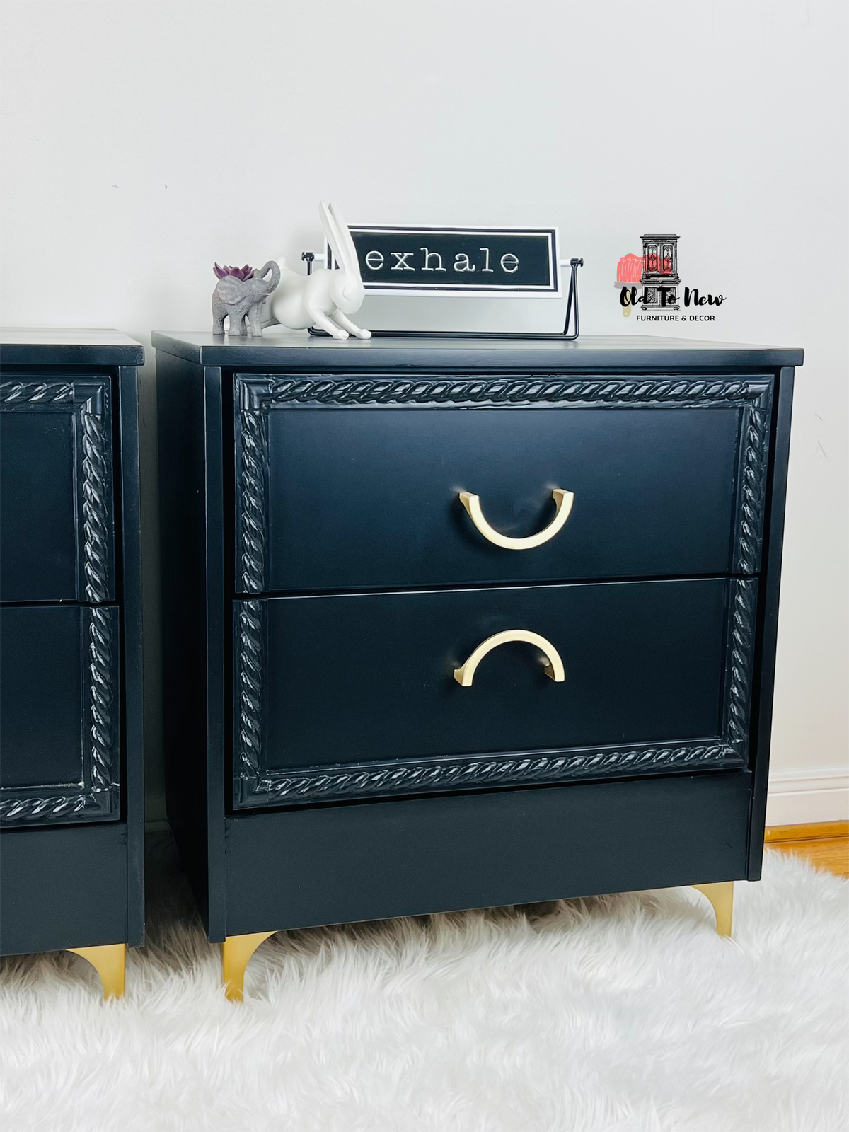 Modern Gold Legs 2-Drawer Storage Black Nightstand